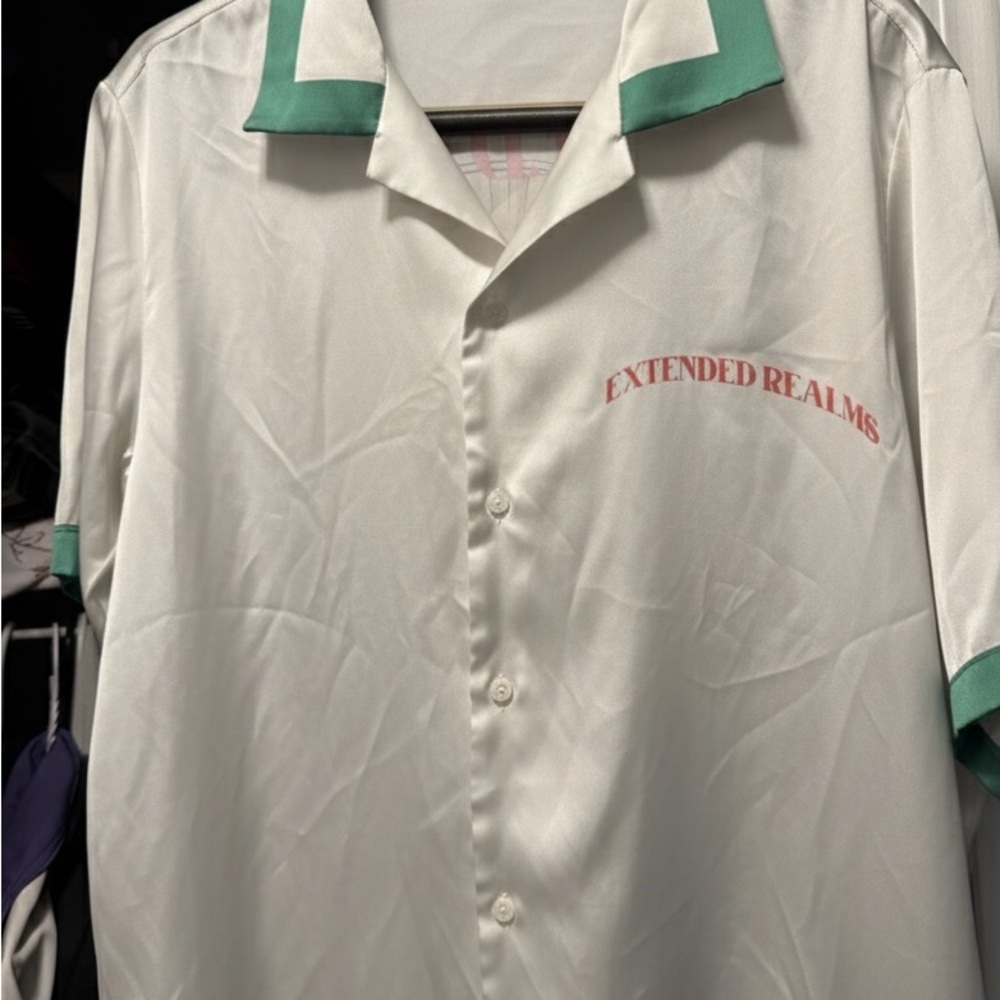 Zara White Shirt with Green Collar and Pink Text